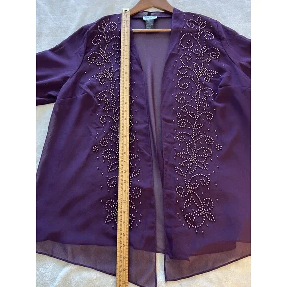 Catherine's 20W Petite Size Beaded Sheer Chiffon Kimono Cardigan Plum Open Front - Picture 6 of 9